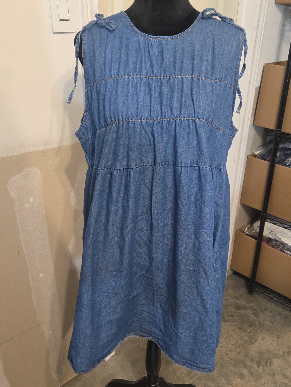 Sleeveless Blue Denim Mini Dress Smocked Bodice Tie Shoulders